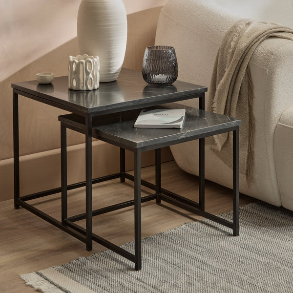 Nara Black Marble Square Nest of Tables - Black Frame - Tasty Coffee Tables
