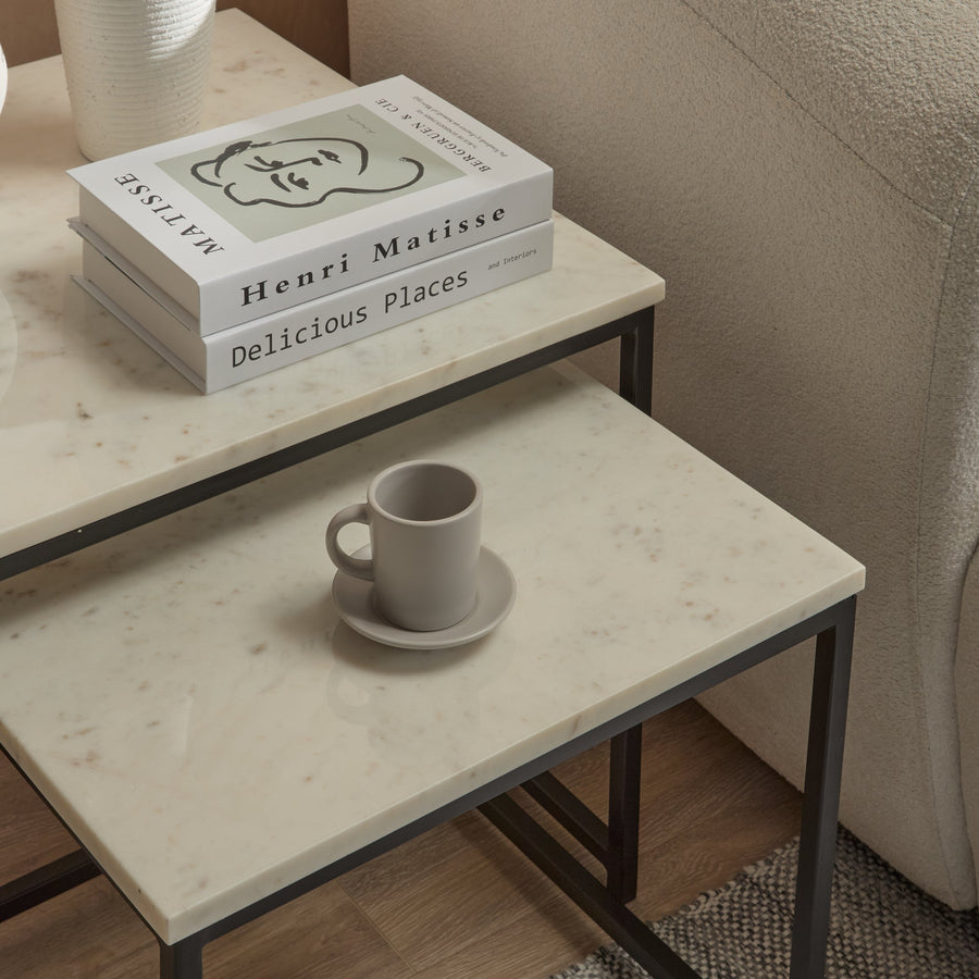Nara White Marble Square Nest of Tables - Black Frame - Tasty Coffee Tables