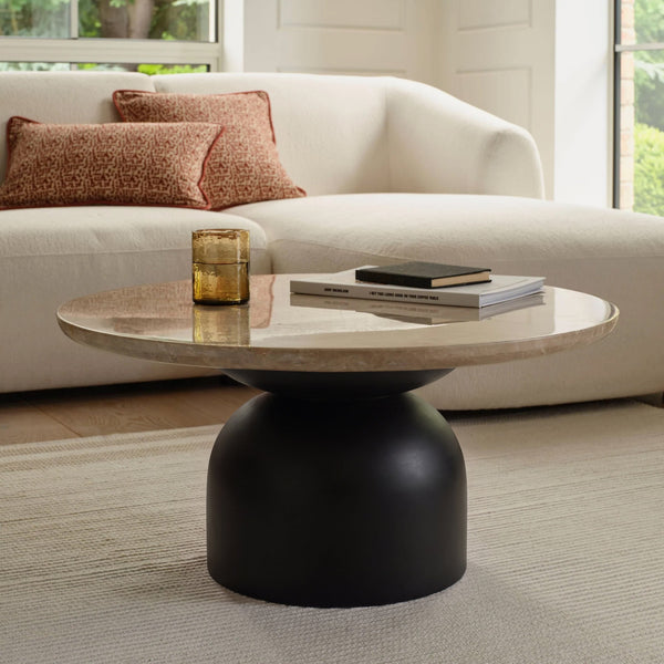 Sorrell 75cm Round Coffee Table - Jet Black Mangowood & Lady Grey Marble - Tasty Coffee Tables