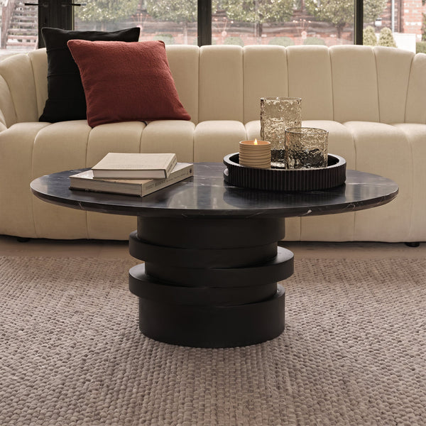 Adam 100cm Oval Jet Black Mango Wood & Black Marble Coffee Table - Tasty Coffee Tables