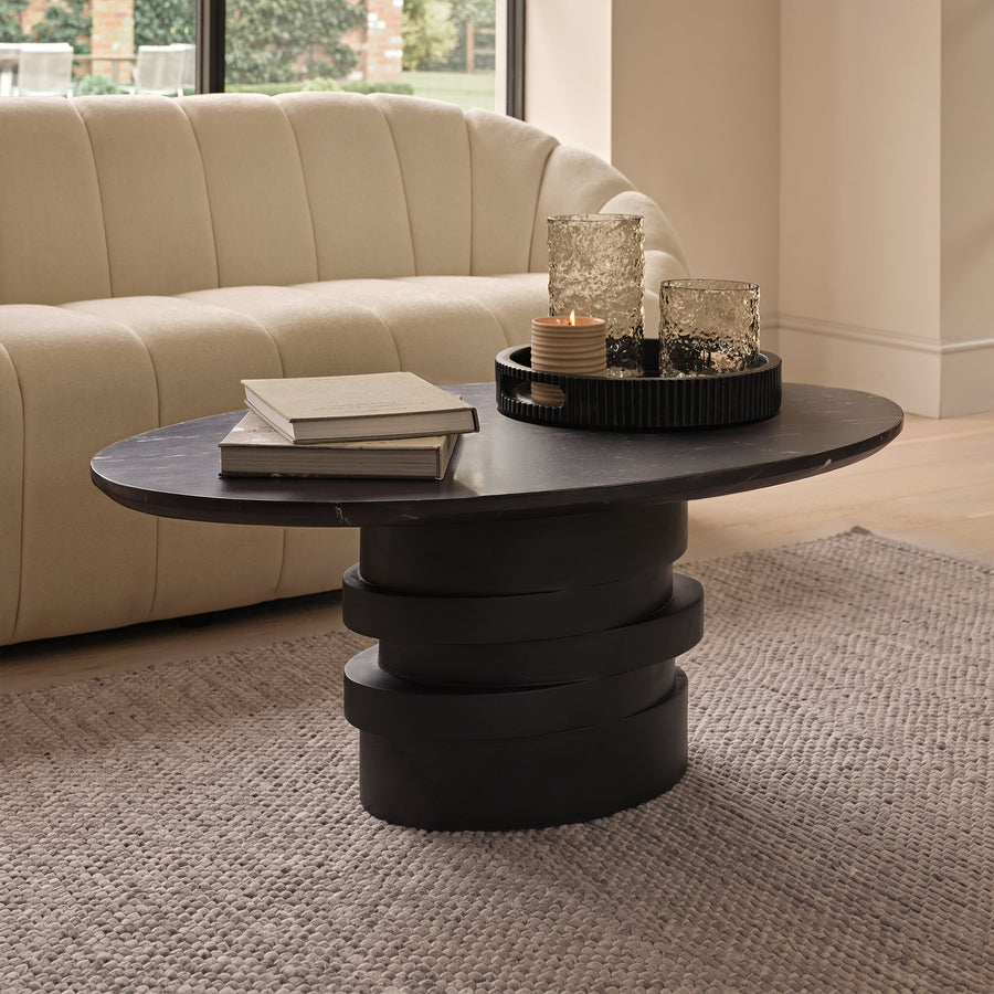 Adam 100cm Oval Jet Black Mango Wood & Black Marble Coffee Table - Tasty Coffee Tables