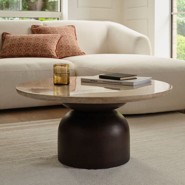 Sorrell 75cm Round Coffee Table - Coffee Brown Mango Wood & Lady Grey Marble - Tasty Coffee Tables