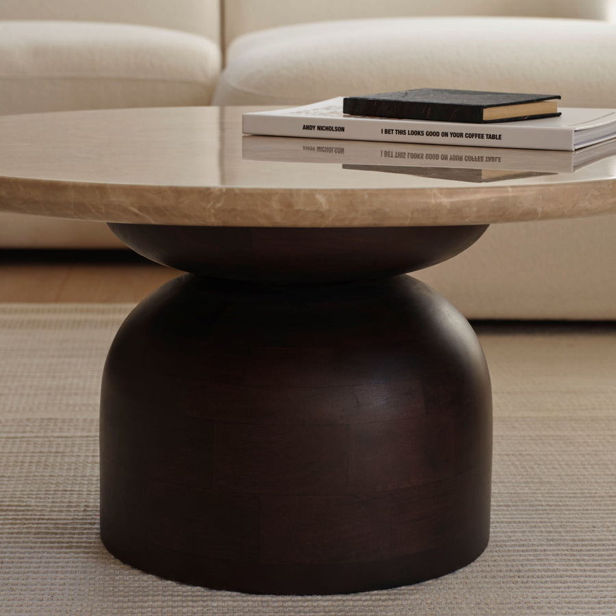 Sorrell 75cm Round Coffee Table - Coffee Brown Mango Wood & Lady Grey Marble - Tasty Coffee Tables
