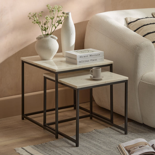 Nara White Marble Square Nest of Tables - Black Frame - Tasty Coffee Tables
