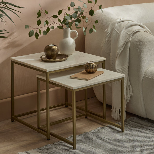 Nara White Marble Square Nest of Tables - Gold Frame - Tasty Coffee Tables