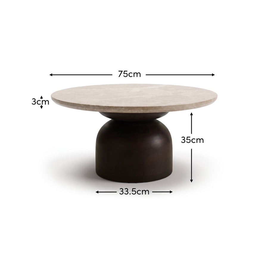 Sorrell 75cm Round Coffee Table - Coffee Brown Mango Wood & Lady Grey Marble - Tasty Coffee Tables